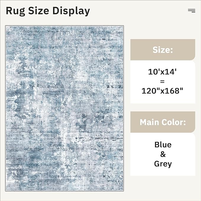 10x14 Area Rugs for Living Room, Non Slip Machine Washable Vintage Rugs, Low Pile Lightweight Large Rug for Bedroom, Dining Room, Home Office Blue