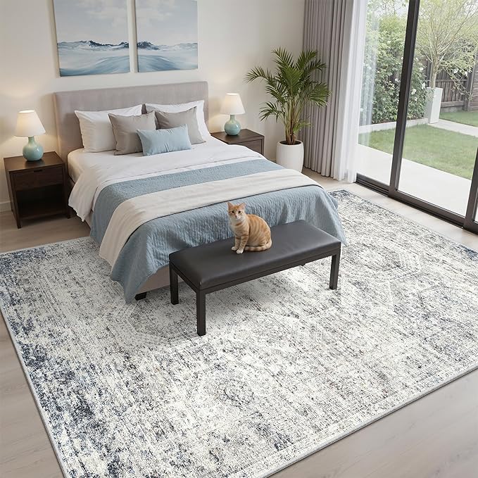 6x9 Area Rug for Living Room Washable 6x9 Non-Slip Modern Rugs for Bedroom Dinning Room Ultra-Thin Indoor Blue Ivory