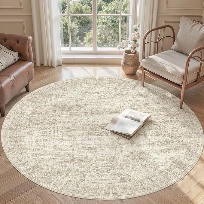 6x6 Beige Round Rug 6ft Living Room Circle Rug Vintage Round Area Rug Non Slip Indoor Carpet for Dining Room Bedroom