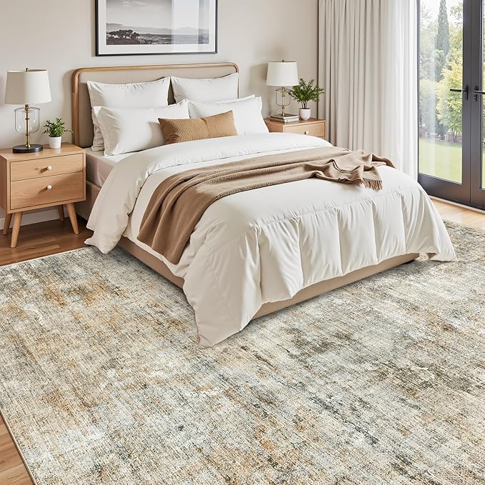 9x12 Area Rugs for Living Room, Non-Slip Machine Washable Vintage Rugs, Abstract Low Pile Lightweight Large Rug for Bedroom, Dining Room, Home Office Orange