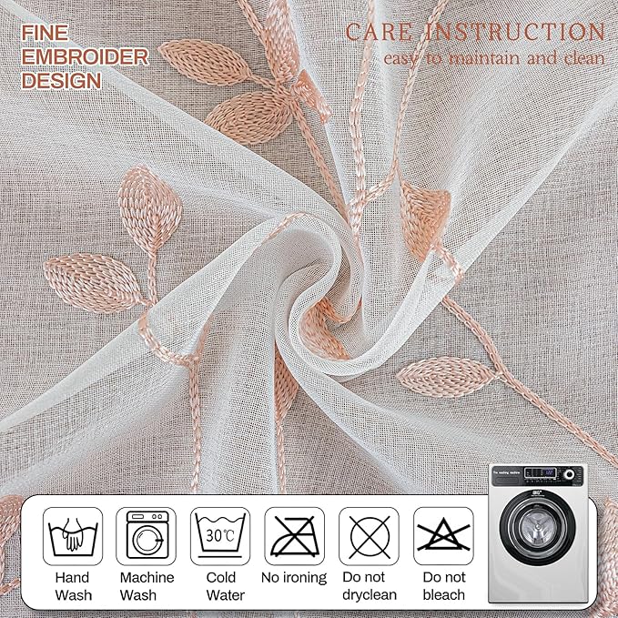 AmHoo 2 Panels Embroidered Leaf Pattern Semi Sheer Curtains Foliage Floral Voile Window Draperies Treatment for Bedroom Living Room Rod Pocket White Pink 53 x 84 Inch