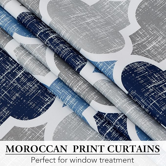 Beauoop 100% Blackout Curtains 54 Inches Long 2 Panels for Bedroom Living Room Blue Grey Moroccan Geo Room Darkening Thermal Insulated Soundproof Grommet Top Window Treatments Drapes, 50x54 Set of 2