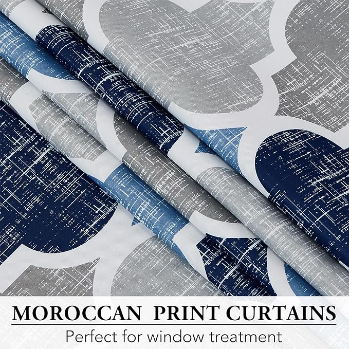 Beauoop 100% Blackout Curtains 84 Inches Long for Patio Sliding Door Blue Grey Extra Wide Moroccan Geo Room Darkening Thermal Soundproof Room Divider Grommet Window Treatment Drapes,100x84 Set of 1