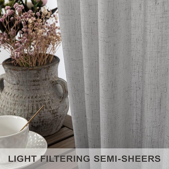 60 Inch Wide Curtains Grey for Living Room 2 Panels Set Back Tab Pocket Drape Semi Sheer Burlap Linen Extra Large Boho Farmhouse Light Gray Curtain for Bedroom Neutral Earth Width 5 x 9 FT Long 60x108