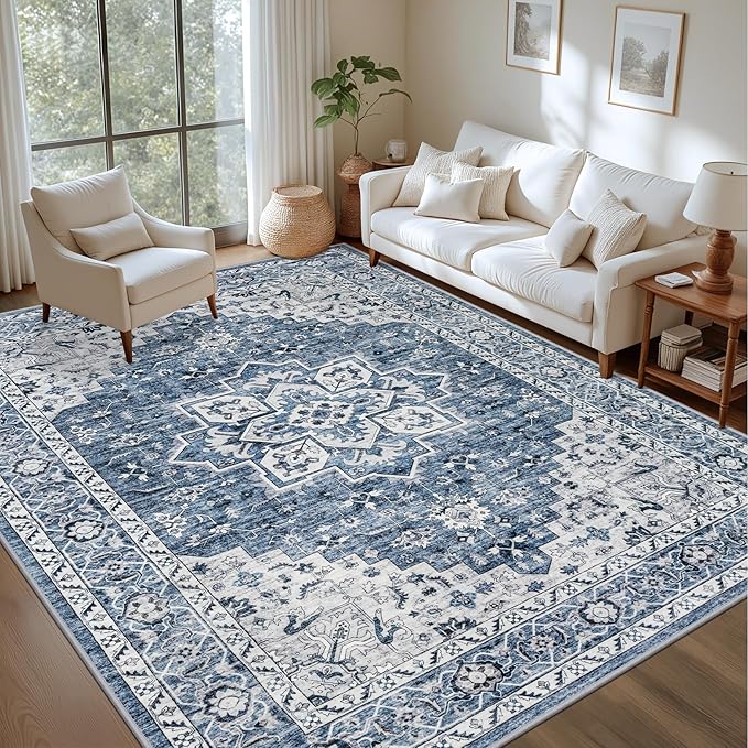 3x5 Area Rugs Living Room Rug: Washable Vintage Boho Medallion Rug No Slip Stain Resistant Soft Carpet Indoor Floor Large Carpets for Bedroom Dining Room Farmhouse Nursery Hallway Home Office Blue