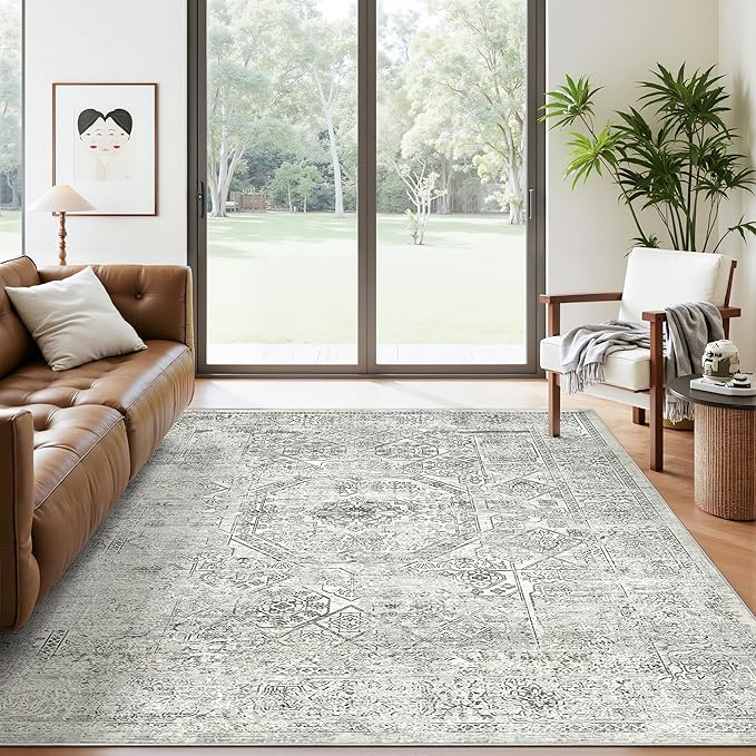 5x7 Area Rugs Grey Low Pile Indoor Washable Trendy Faded Style Floral Rugs for Bedroom Living Room Dining Room Foldable Non-Slip Thin Print Mat