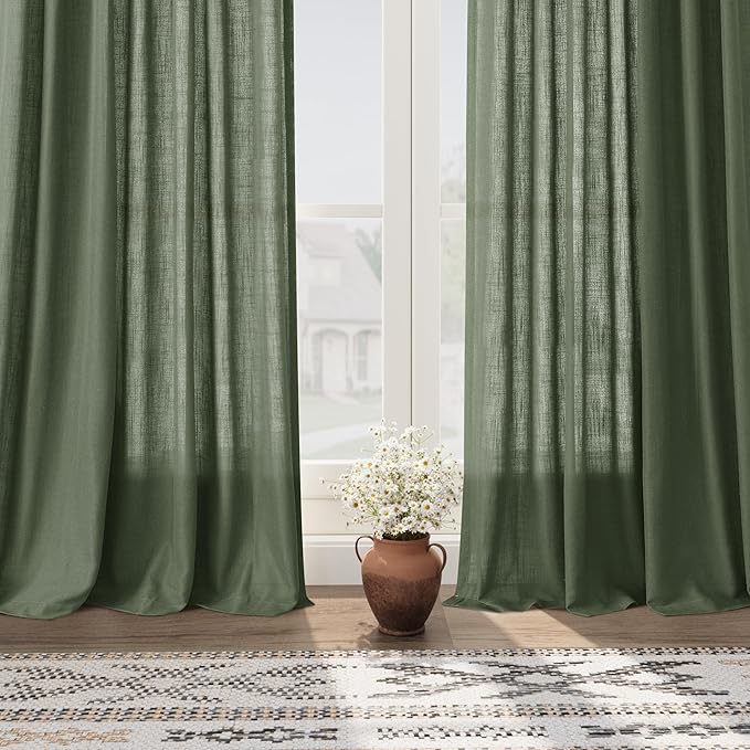 128 Inch Extra Long Curtain for Floor to Ceiling High Window Olive Green Linen Back Tab Curtains for Living Room Filtered and Breathable Semi Sheer Drapes Modern Farmhouse Boho Decor 52x128,2PCS