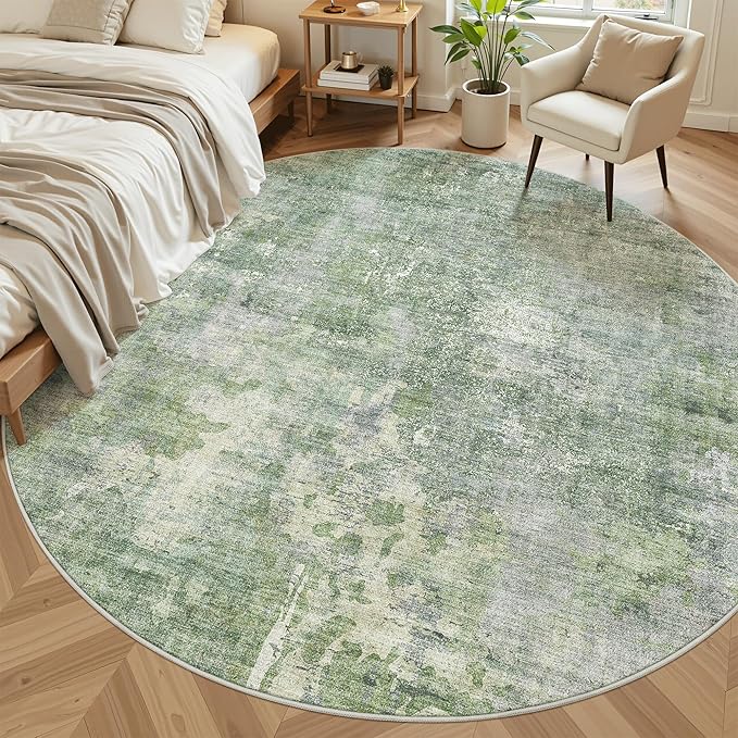 8x8 Green/Ivory Round Rug 8ft Living Room Circle Rug Vintage Round Area Rug Non Slip Indoor Carpet for Apartment