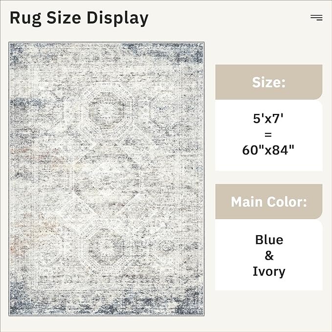 5x7 Area Rugs Blue Ivory Low Pile Indoor Washable Trendy Faded Style Rugs for Bedroom Living Room Dining Room Foldable Non-Slip Thin Print Mat