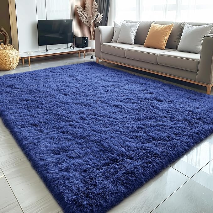 OLANLY 8x12 Machine Washable Large Area Rugs for Living Room, Bedroom, Soft Fluffy Shaggy Bedside Rug, Indoor Floor Carpet for Kids Girls and Boys, Dorms, Nursery, Home Decor Aesthetic, Navy Blue