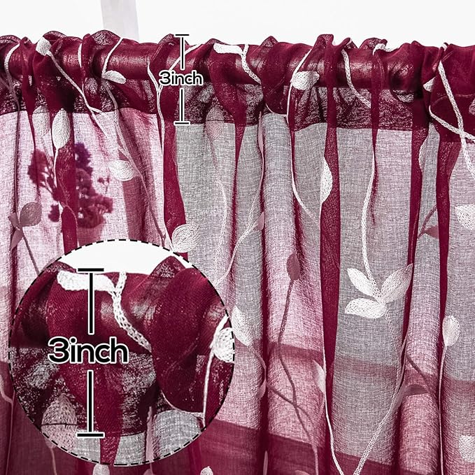 AmHoo 2 Panels Embroidered Leaf Pattern Semi Sheer Curtains Foliage Floral Voile Window Draperies Treatment for Bedroom Living Room Rod Pocket Burgundy Red 53 x 95 Inch