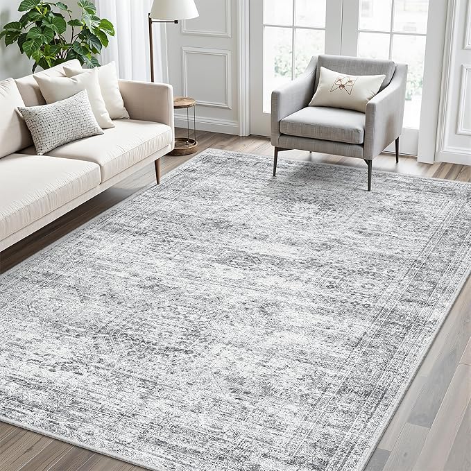 7x9 Area Rug for Living Room Washable Abstract Vintage Soft Thin Indoor Floor Non-Slip Carpet for Bedroom Dining Room Grey