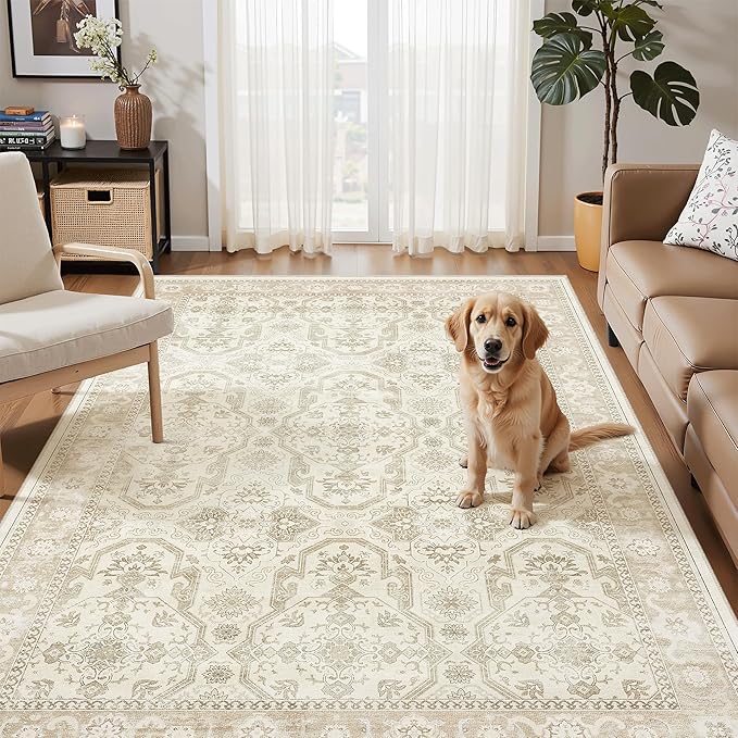 3x5 Rug, Small Area Rug for Kitchen, Entryway, Machine Washable Non-Slip Throw Rug, Vintage Carpet for Nursery Coffee Table Beige/Brown