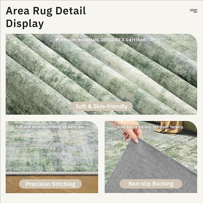 10x14 Area Rugs for Living Room, Non Slip Machine Washable Vintage Rugs, Low Pile Lightweight Large Rug for Bedroom, Dining Room, Home Office Green/Ivory