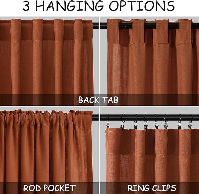 2 Panels Terracotta Linen Curtains 105 inches Long for Living Room Extra Long Back Tab Semi Sheer Rustic Farmhouse Boho Curtains Ceiling to Floor Length 105 inch for Large Window Rust Colored 9 FT