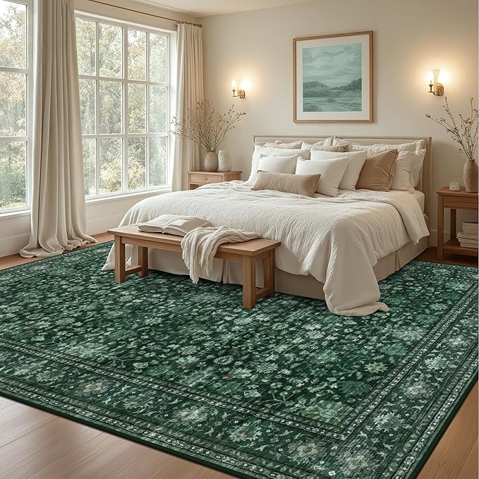 Area Rugs 10x14 Living Room Rug: Washable Rug Soft Vintage Distressed Floral Carpet Indoor Non-Slip Stain Resistant Large Carpets for Bedroom Dining Room Farmhouse Nursery Home Office Deep Green