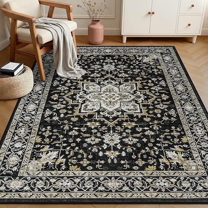 5x7 Area Rugs Living Room Rug: Washable Vintage Boho Medallion Rug No Slip Stain Resistant Soft Carpet Indoor Large Carpets for Bedroom Dining Room Farmhouse Nursery Hallway Home Office Black Gold