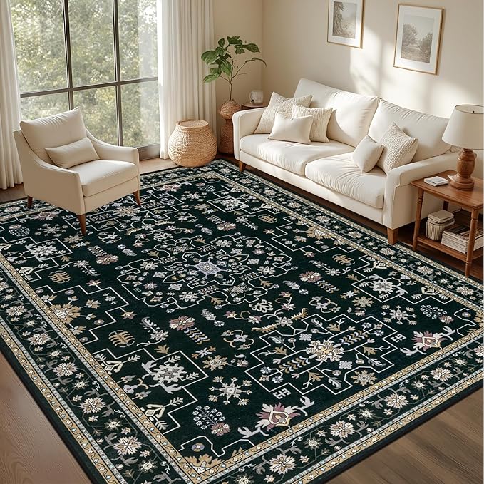 4x6 Area Rugs for Living Room: Washable Rug Soft Vintage Boho Medallion Carpet Indoor Floor Non-Slip Stain Resistant Large Carpets for Bedroom Dining Room Farmhouse Nursery Home Office Black