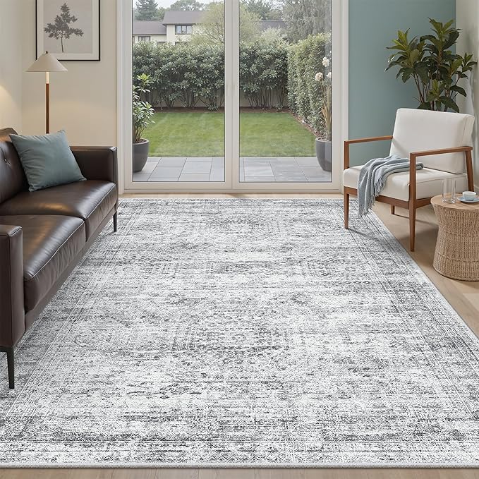7x9 Area Rug for Living Room Washable Abstract Vintage Soft Thin Indoor Floor Non-Slip Carpet for Bedroom Dining Room Grey