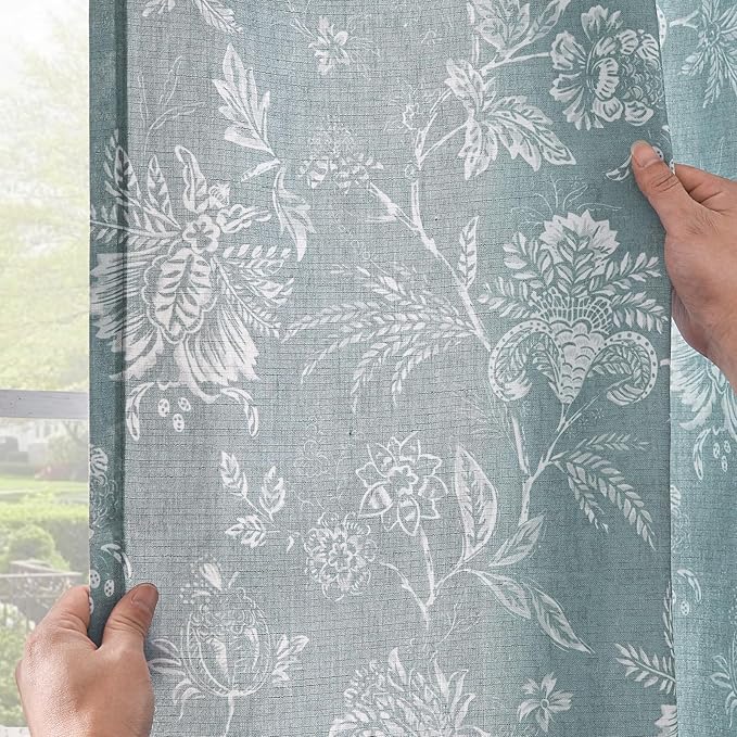 jinchan Linen Floral Curtains for Living Room, 96 Inch Length Curtains with Printed Flower Light Filtering Curtain, Rod Pocket Back Tab Blue Window Treatment Set Bedroom Curtain, 2 Panels Blue
