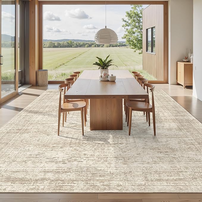 Area Rug 10x12 Vintage Washable Living Room Large Carpet Non Slip Bedroom Indoor Office Dining Room Low Pile Thin Rug Beige