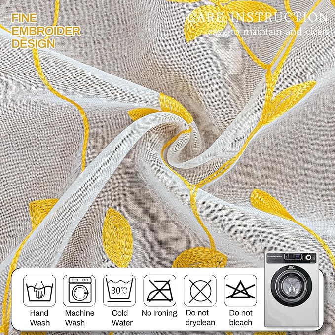 AmHoo 2 Panels Embroidered Leaf Pattern Semi Sheer Curtains Foliage Floral Voile Window Draperies Treatment for Bedroom Living Room Rod Pocket White Gold Yellow 53 x 95 Inch