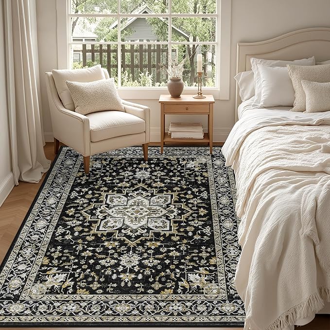 4x6 Area Rugs for Living Room: Washable Rug Soft Vintage Boho Medallion Carpet Indoor Non-Slip Stain Resistant Large Carpets for Bedroom Dining Room Farmhouse Nursery Home Office Black Gold