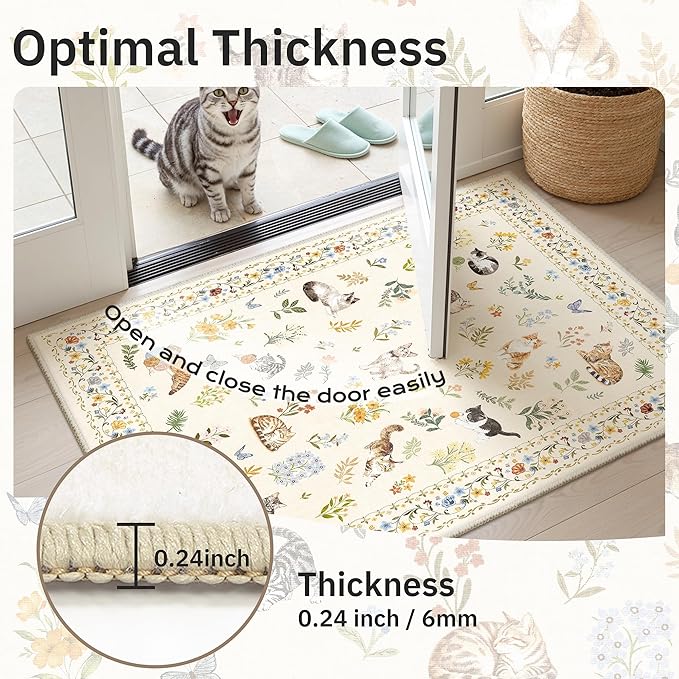 2x3 Cat Rugs for Entryway, Machine Washable Door Mat Animal Floral Small Area Rug Non-Slip Low Pile Soft Throw Rugs for Entrance Kitchen Indoor Front Door Kids Room (2 x 3,Beige)