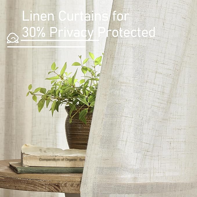 LAMIT 63 Inch Semi Sheer Linen Curtains, Light Filtering Panels Back Tab and Rod Pocket Neutral Drapes for Bedroom/Living Room, Natural, 2 Panels, 34 x 63 Inch