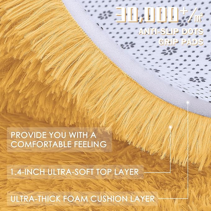 OLANLY Mustard Yellow Round Rugs for Bedroom - Machine Washable, 8 ft Circle Area Rugs for Living Room, Soft and Fluffy Shaggy Carpet for Teen Girl and Boys, Nursery Rooms, Dorms, Home Decor Aesthetic