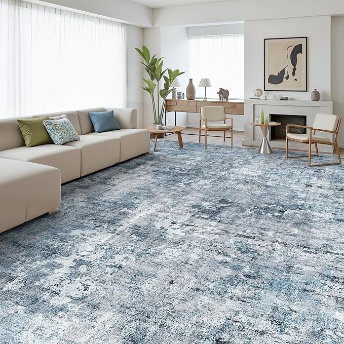 10x14 Area Rugs for Living Room, Non Slip Machine Washable Vintage Rugs, Low Pile Lightweight Large Rug for Bedroom, Dining Room, Home Office Blue