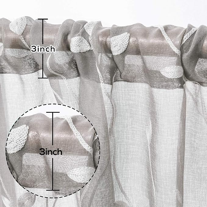 AmHoo 2 Panels Embroidered Leaf Pattern Semi Sheer Curtains Foliage Floral Voile Window Draperies Treatment for Bedroom Living Room Rod Pocket Light Gray 53 x 84 Inch