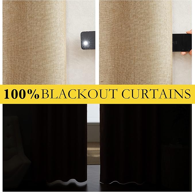 NICETOWN 100% Blackout Camel Linen Curtains 102 inches Length with Thermal Insulated Liners, 2 Panels, 62 inches W, Farmhouse Style Room Cooling Small Window Draperies for Dining Room