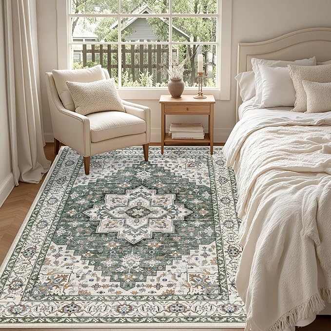 3x5 Area Rugs Living Room Rug: Washable Vintage Boho Medallion Rug No Slip Stain Resistant Soft Carpet Indoor Large Carpets for Bedroom Dining Room Farmhouse Nursery Hallway Home Office Green Ivory