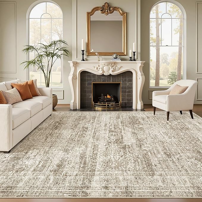 7x9 Area Rug for Living Room Washable Abstract Vintage Soft Thin Indoor Floor Non-Slip Carpet for Bedroom Dining Room Brown