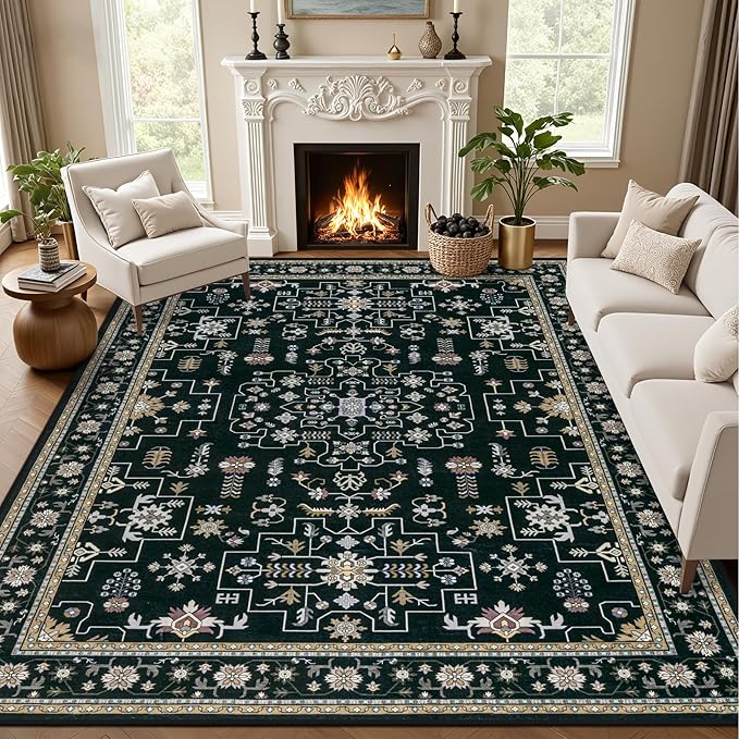 Area Rugs 10x14 Living Room Rug: Washable Rug Soft Vintage Boho Medallion Carpet Indoor Floor Non-Slip Stain Resistant Large Carpets for Bedroom Dining Room Farmhouse Nursery Home Office Black