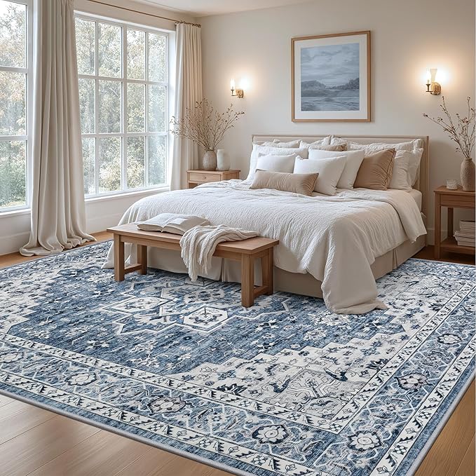 Area Rugs 10x14 Living Room Rug: Washable Rug Soft Vintage Boho Medallion Carpet Indoor Floor Non-Slip Stain Resistant Large Carpets for Bedroom Dining Room Farmhouse Nursery Home Office Blue