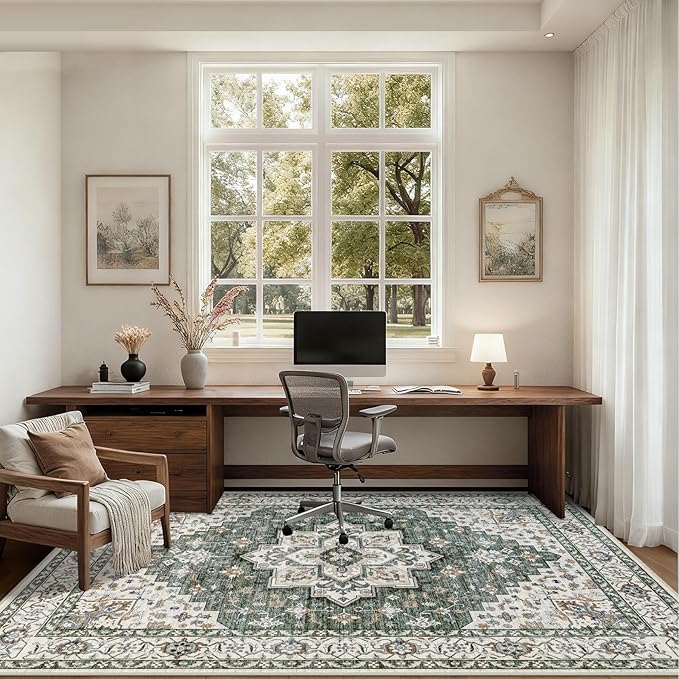 5x7 Area Rugs Living Room Rug: Washable Vintage Boho Medallion Rug No Slip Stain Resistant Soft Carpet Indoor Large Carpets for Bedroom Dining Room Farmhouse Nursery Hallway Home Office Green Ivory