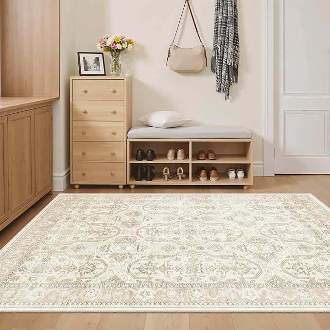 3x5 Rug, Small Area Rug for Kitchen, Entryway, Machine Washable Non-Slip Throw Rug, Vintage Carpet for Nursery Coffee Table Beige/Brown