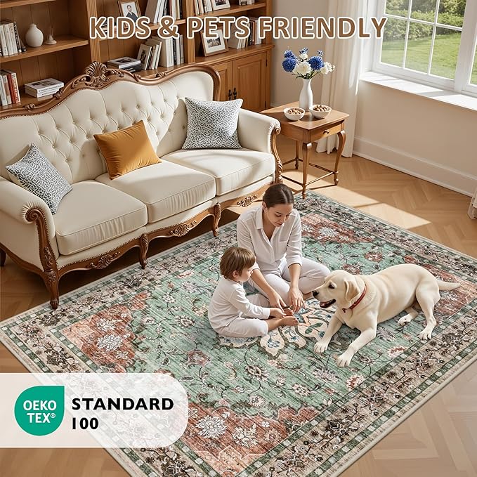 3x5 Area Rugs Living Room Rug: Washable Vintage Distressed Floral Rug No Slip Stain Resistant Soft Carpet Indoor Floor Large Carpets for Bedroom Dining Room Farmhouse Nursery Home Office Brown Green