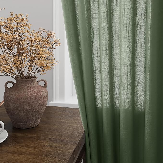 138 Inch Extra Long Curtain for Floor to Ceiling High Window Olive Green Linen Back Tab Curtains for Living Room Filtered and Breathable Semi Sheer Drapes Modern Farmhouse Boho Decor 52x138,2PCS