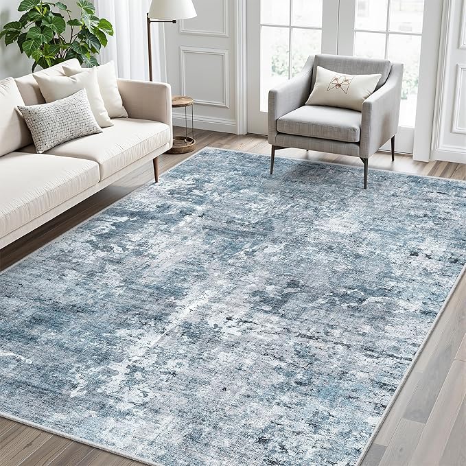 7x9 Area Rug for Living Room Washable Abstract Vintage Soft Thin Indoor Floor Non-Slip Carpet for Bedroom Dining Room Blue Grey