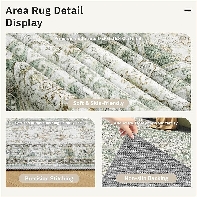 3x5 Rug, Small Area Rug for Kitchen, Entryway, Machine Washable Non-Slip Throw Rug, Vintage Carpet for Nursery Coffee Table Green/Brown
