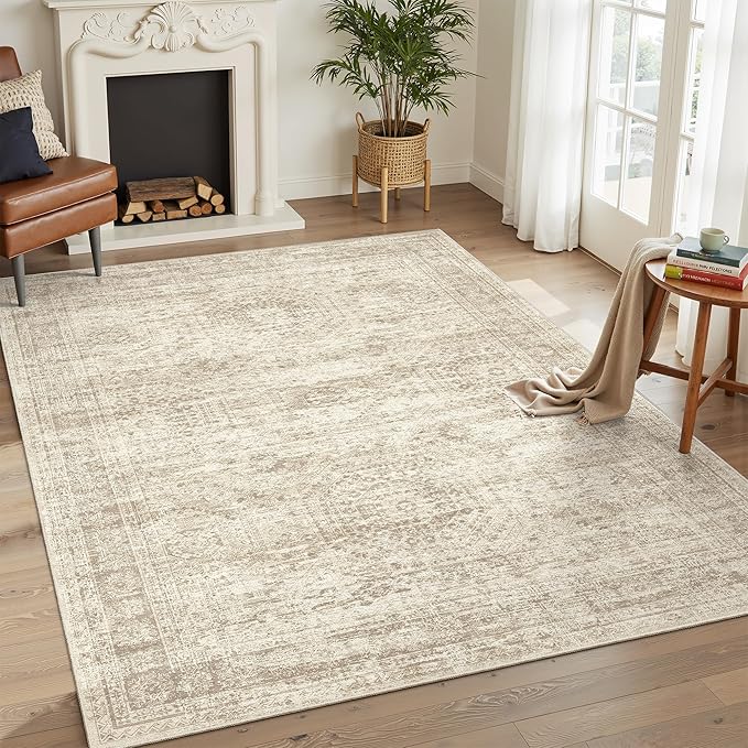 4x6 Area Rugs for Living Room, Vintage Washable Rugs for Dining Room, Bedroom, Home Office Decor, Non-Slip Beige Carpet Thin Rug