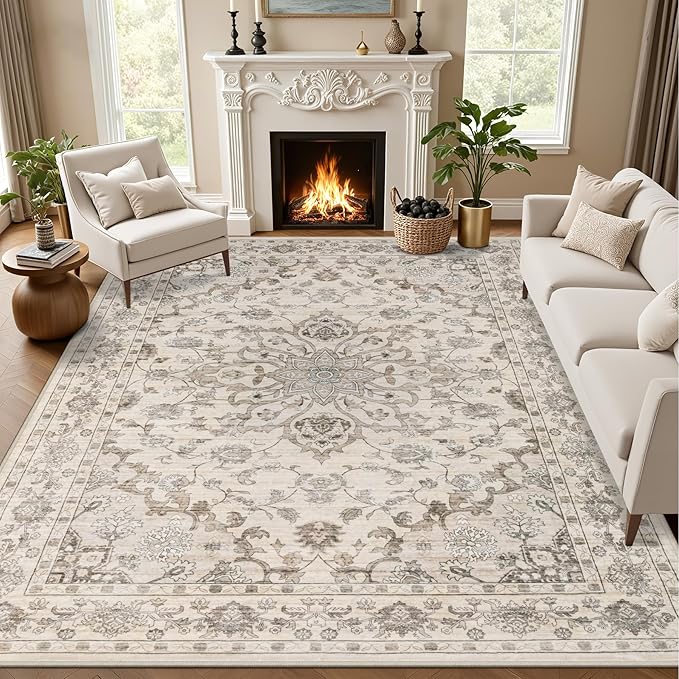 8x10 Area Rugs for Living Room: Washable Rug Soft Vintage Distressed Floral Carpet Indoor Floor Non-Slip Stain Resistant Large Carpets for Bedroom Dining Room Farmhouse Nursery Home Office Brown Beige