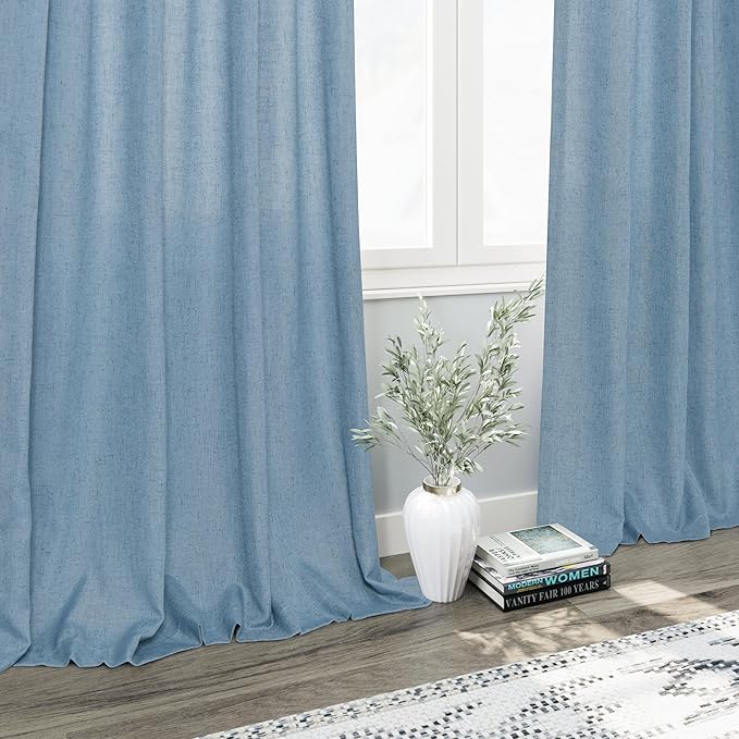 2 Panels Set Blue Linen Curtains 126 Inches Long for Living Room Extra Long Back Tab Curtain Neutral Farmhouse Light Filtering Semi Sheer Linen Drapes Ceiling to Floor for Large Window 52x126