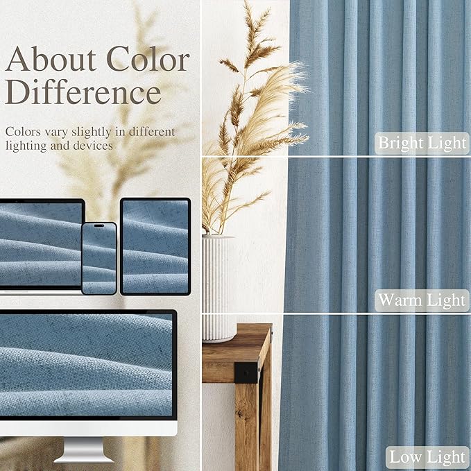 2 Panels Set Blue Linen Curtains 126 Inches Long for Living Room Extra Long Back Tab Curtain Neutral Farmhouse Light Filtering Semi Sheer Linen Drapes Ceiling to Floor for Large Window 52x126