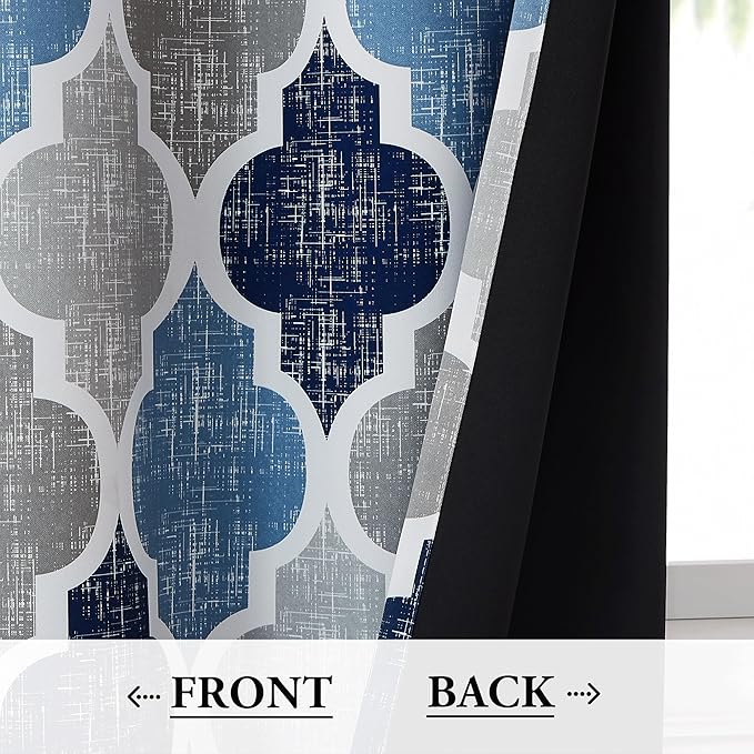Beauoop 100% Blackout Curtains 108 Inches Long 2 Panels for Bedroom Living Room Blue Grey Moroccan Geo Room Darkening Thermal Insulated Soundproof Grommet Top Window Treatments Drapes, 50x108 Set of 2