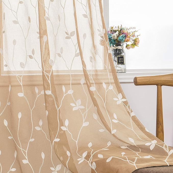 AmHoo 2 Panels Embroidered Leaf Pattern Semi Sheer Curtains Foliage Floral Voile Window Draperies Treatment for Bedroom Living Room Rod Pocket Beige 53 x 95 Inch