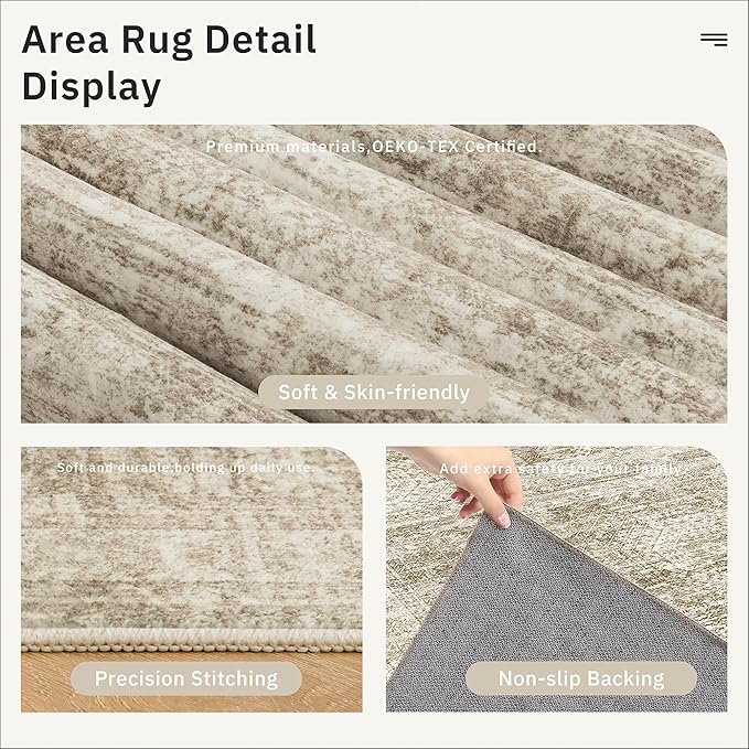 10x14 Area Rugs for Living Room, Non Slip Machine Washable Vintage Rugs, Low Pile Lightweight Large Rug for Bedroom, Dining Room, Home Office Brown
